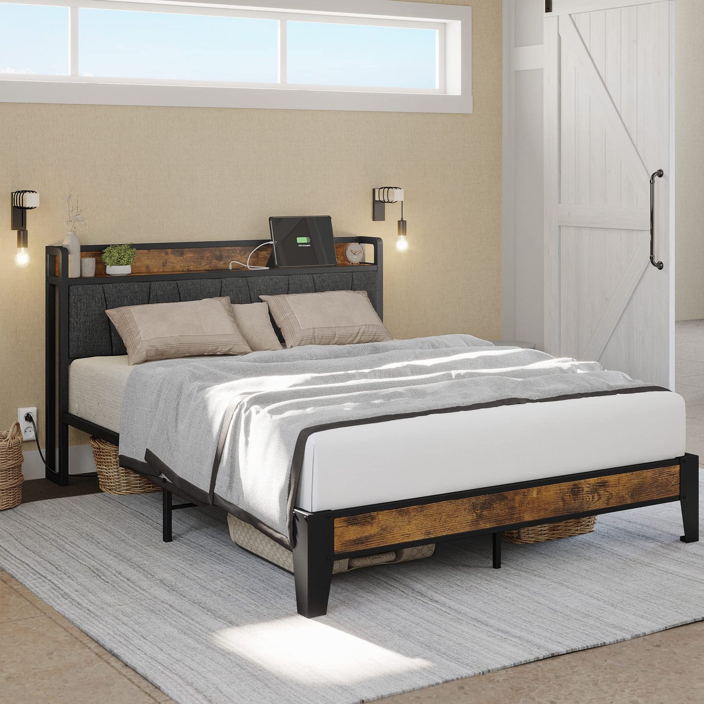 LIKIMIO Vintage Brown and Grey Full Bed Frame with Storage Headboard and Charging Station - WoodArtSupply