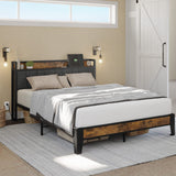 LIKIMIO Vintage Brown and Grey Full Bed Frame with Storage Headboard and Charging Station LIKIMIO