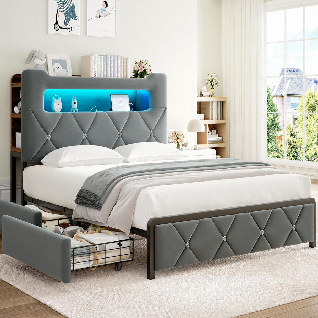 Jocoevol Queen Upholstered LED Bed Frame with 2 Storage Drawers and 2-Tier Storage Headboard, Velvet Platform Bed with Charging Station & Bookcase, Corner Bed Frame, Heavy Duty Metal Support, Grey Jocoevol