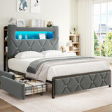Jocoevol Queen Upholstered LED Bed Frame with 2 Storage Drawers and 2-Tier Storage Headboard, Velvet Platform Bed with Charging Station & Bookcase, Corner Bed Frame, Heavy Duty Metal Support, Grey Jocoevol