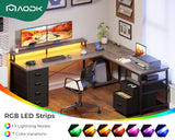 AODK 59" L Shaped Desk, 105" Computer Desk with File Cabinet & 4 Fabric Drawers, Home Office Desk with Monitor Shelf & Power Outlet, Two Person Desk or Corner Desk, Gaming Desk with LED Light, Grey AODK