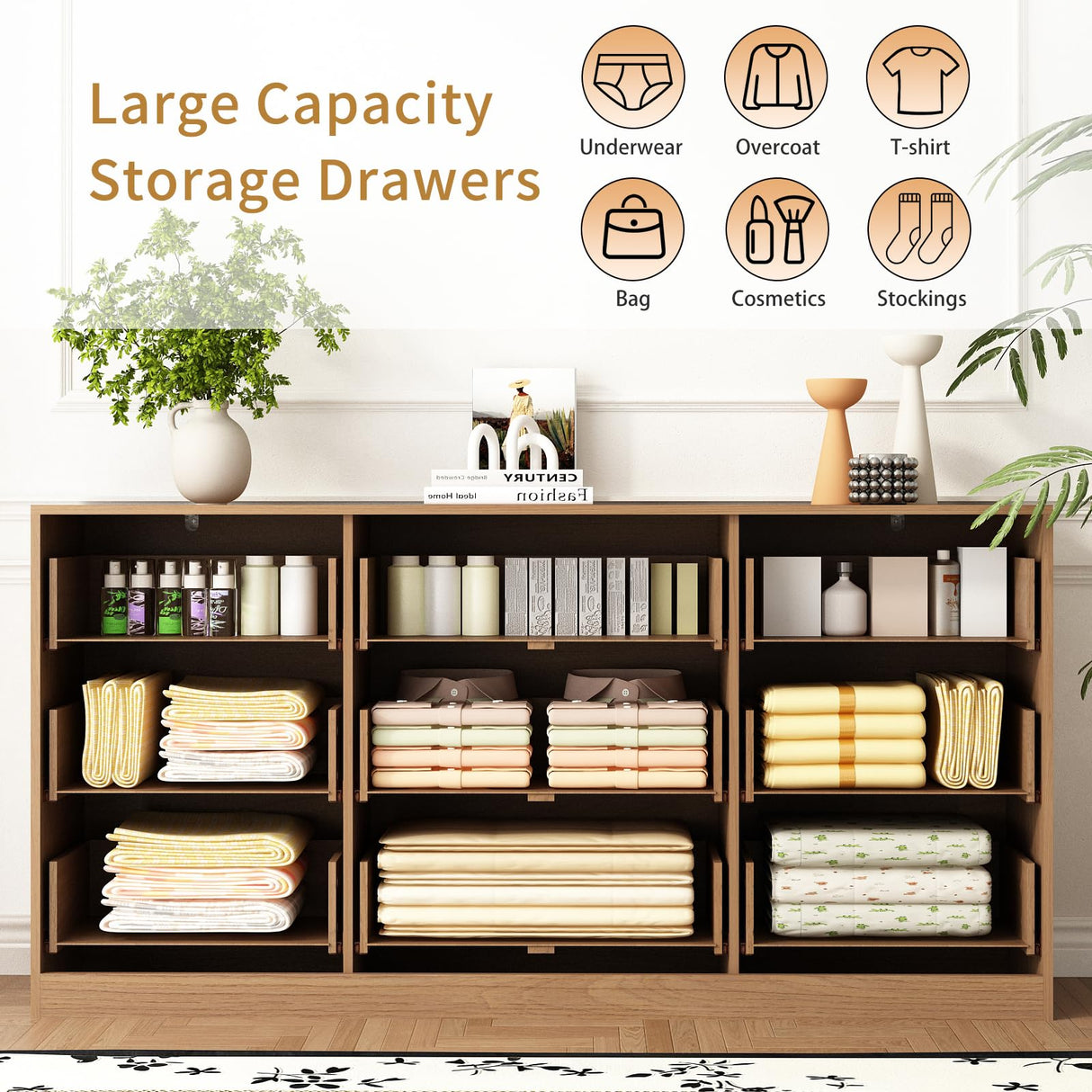 Sscaktu 9 Drawer Dresser for Bedroom with Deep Drawers, 63" Wide Wood Dresser, Large Floor Chest of Drawers, Modern Long TV Stand, Mid Century Storage Cabinet Side Table, Natural Sscaktu