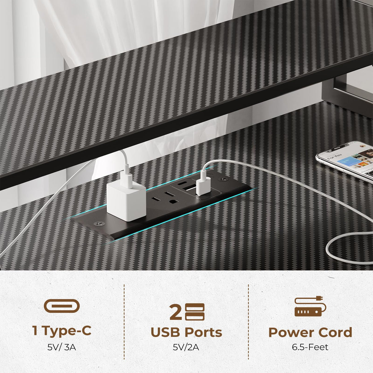 SEVEN WARRIOR Gaming Desk with LED Lights & Power Outlets, 39" Computer Desk with Monitor Stand & Storage Shelf, Gaming Table with Earphone Hook, Office Desk with Footrest, Carbon Fiber Black SEVEN WARRIOR