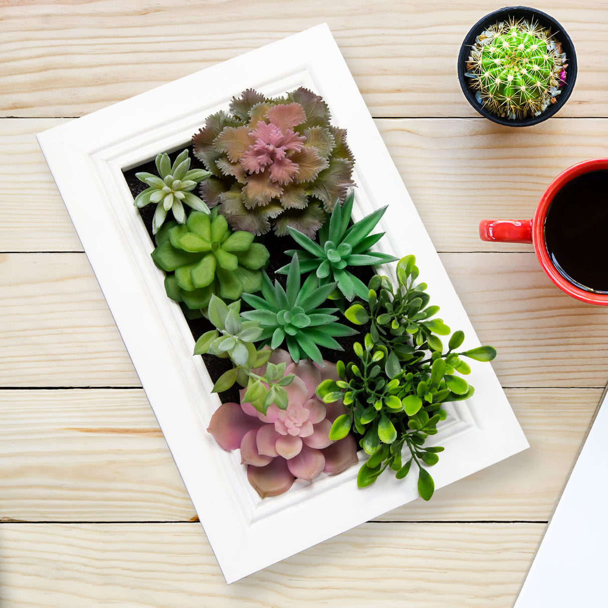 Nattol 3D Artificial Succulent Wall Art, Wood Frame with Realistic Faux Plant, Wall Hanging Botanical Decoration, Home Decor Idea for Vertical Garden and Fake Plants, White Nattol