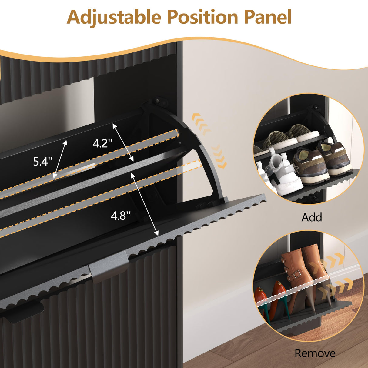 Shoe Cabinet Storage for Entryway with 4 Flip Drawers, Black Fluted Shoe Cabinet with Adjustable Shelves, Wooden Hidden Shoe Rack Freestanding Narrow Slim Shoes Storage for Hallway, Entrance HUANLEGO