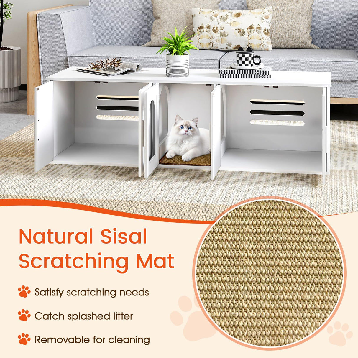 PETSITE Double Cat Litter Box Enclosure for 2 Cats, 58-Inch Long Modern Hidden Litter Box Enclosure Furniture with Double Room and Sisal Scratching Pad, White PETSITE