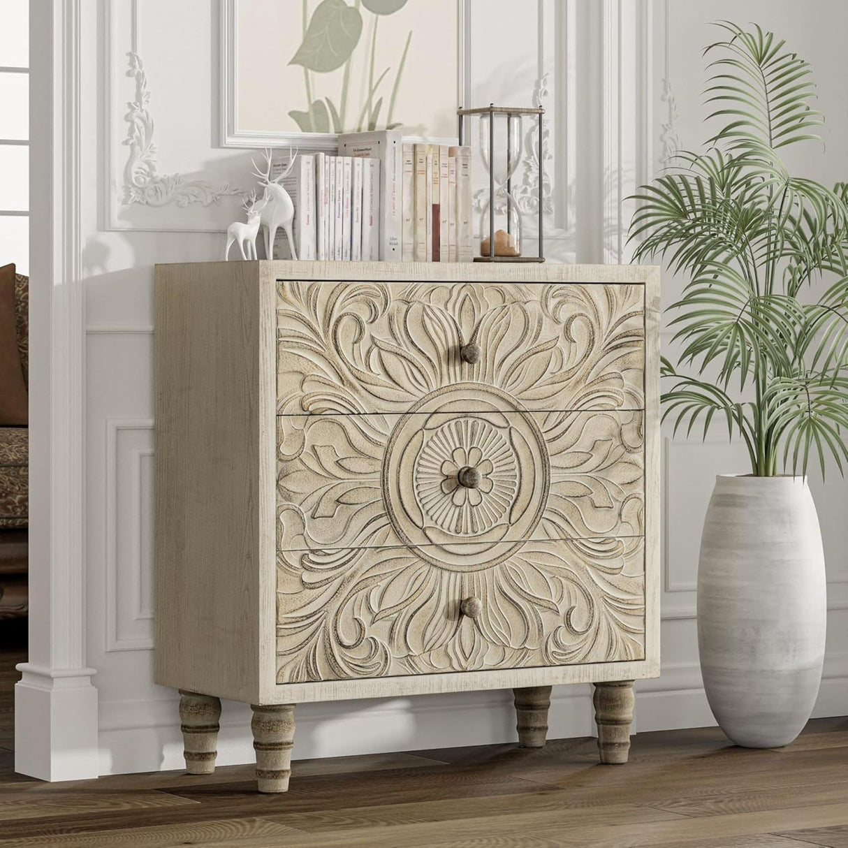 COZAYH 3-Drawer Bedroom Dresser with Carved Floral Front, Distressed Weathered White Finish – Rustic, Boho, French Country, Farmhouse Nightstand with Smooth Glide Storage Drawers COZAYH
