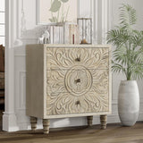 COZAYH 3-Drawer Bedroom Dresser with Carved Floral Front, Distressed Weathered White Finish – Rustic, Boho, French Country, Farmhouse Nightstand with Smooth Glide Storage Drawers COZAYH