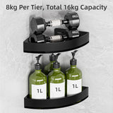 Wisfame Black Corner Shower Caddy - Rustproof Aluminium Triangle Shower Shelf - No Drill & Drill Installation - 2 Bathroom Shelves Wall Mounted (20LB Capacity/Tier) Wisfame