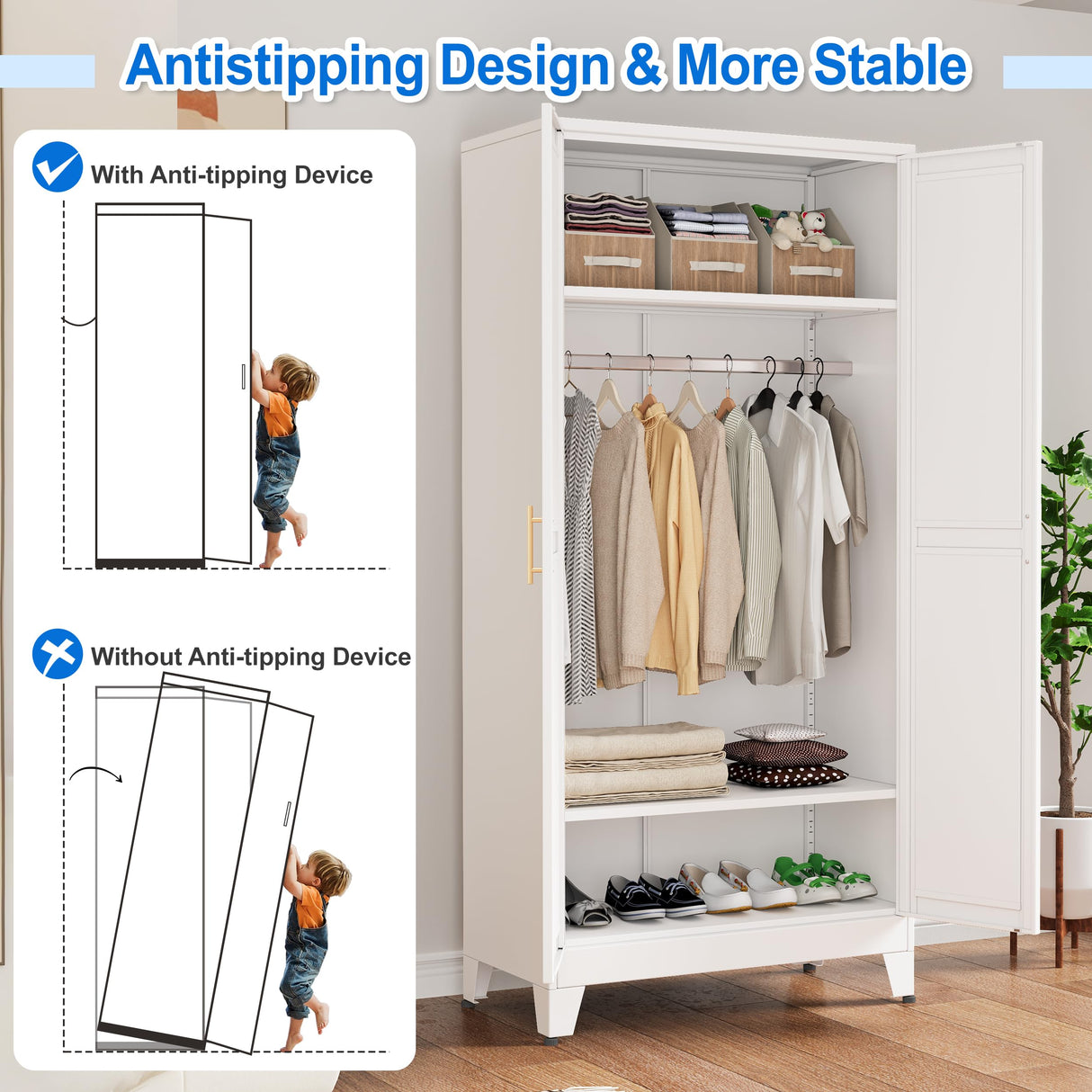 PAOFIN 71" Metal Armoire Wardrobe Closet, Bedroom Clothing Storage Cabinet with Hanging Rod, Freestanding White Armoire Cabinet with Adjustable Shelves PAOFIN