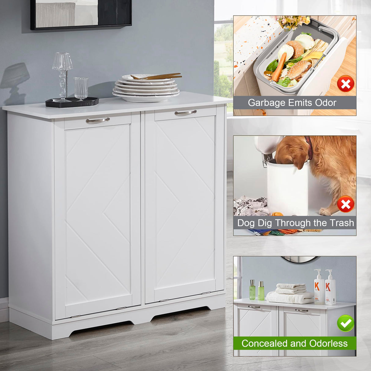 VECELO Double Tilt Out Kitchen Trash Bin Cabinet Dog Proof Garbage Can with Wood Holder Free Standing Recycling, White VECELO