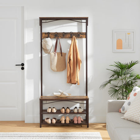VASAGLE Coat Rack, 3-in-1 Hall Tree, Entryway Shoe Bench Coat Stand, Storage Shelves Accent Furniture Steel Frame Large Size, Industrial, Rustic Brown and Bronze UHSR45AX VASAGLE