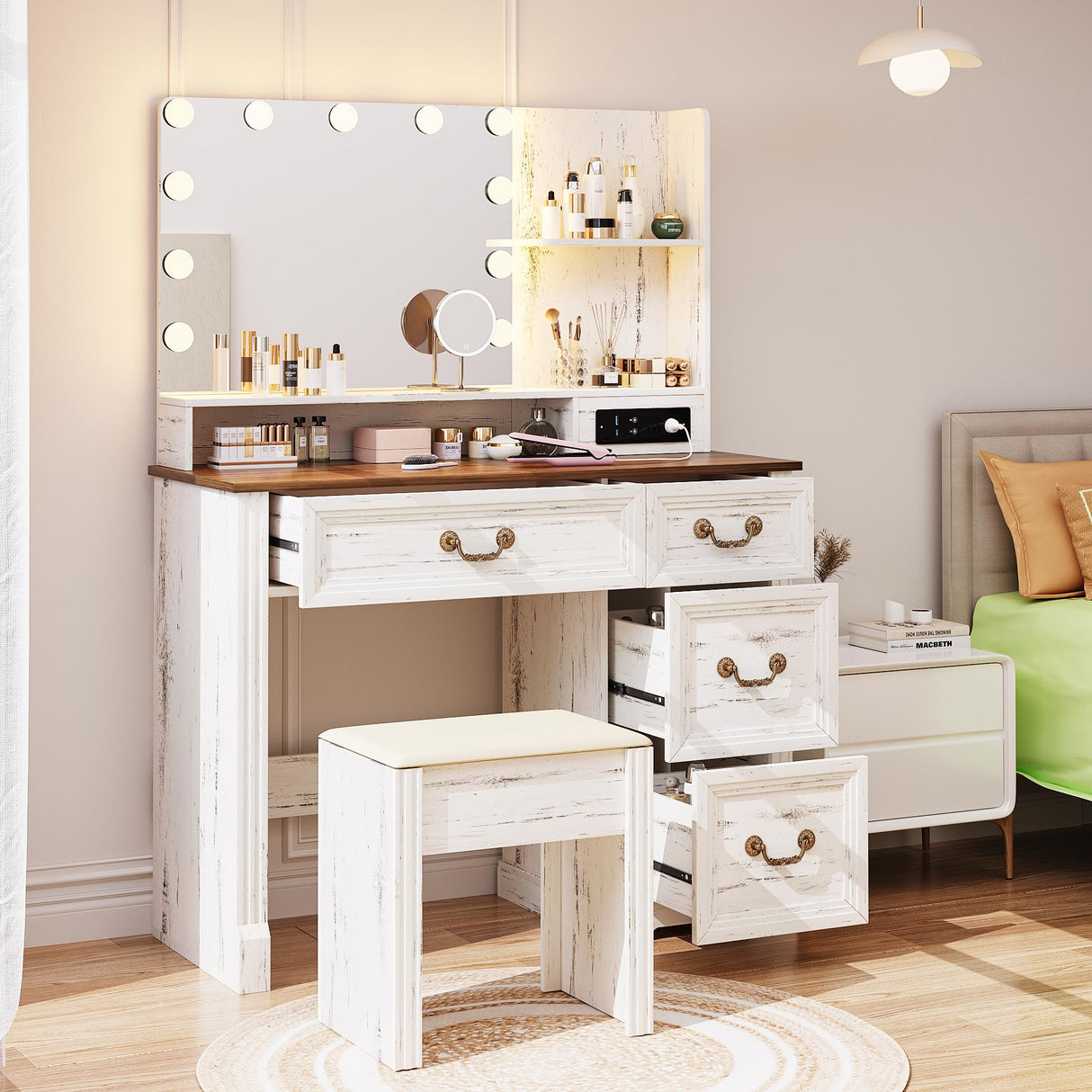 Lareth Vanity Desk 39 inch with Mirror Light and Power Outlet, Farmhouse Makeup Table Set with Stool, 3 Color Adjustable Lights Bedroom Dressing Table with 4 Drawer for Women Girls Teen, Antique White Lareth