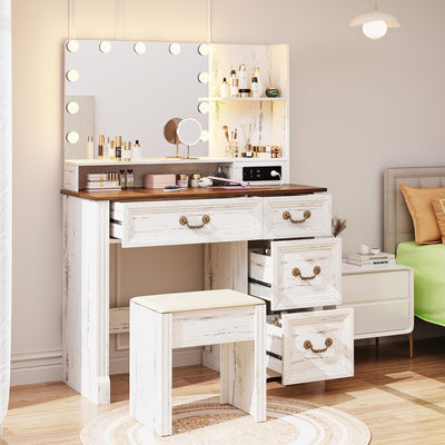 Lareth Farmhouse Vanity Desk with Lighted Mirror & Power Outlet, 39 inch Rustic Makeup Vanity Table with Drawers and Stool, Hollywood Mirror with 3-Color Lights, White Dressing Table for Women Girls