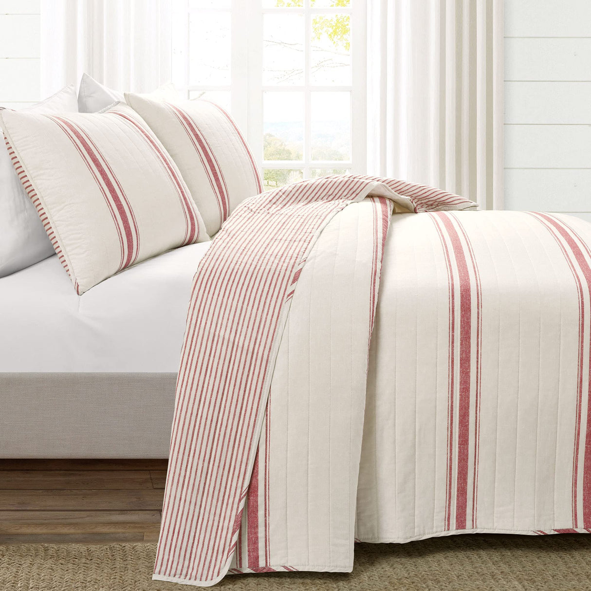 Lush Decor Farmhouse Stripe Reversible Cotton Quilt King Size 3 Piece Set Red - Farmhouse Bedding Set King Quilt - Striped Bedding Lush Decor
