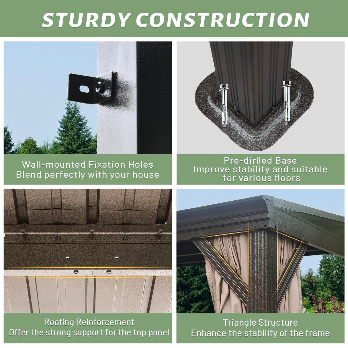 Domi 12x14FT Lean to Gazebo, Aluminum Wall Mounted Gazebo with Sloping Galvanized Steel Roof, Curtains and Netting, Outdoor Hardtop Gazebo Pergola for Patio, Deck, Garden, Backyard domi outdoor living