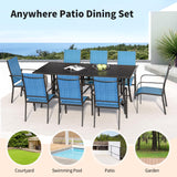 BUPPLEE 9-Piece Outdoor Patio Dining Set with 8 Stackable Dining Chairs, Metal Table with Umbrella Hole, 8-Person Patio Table and Chairs for Backyard, Poolside, Balcony and Garden Blue BUPPLEE