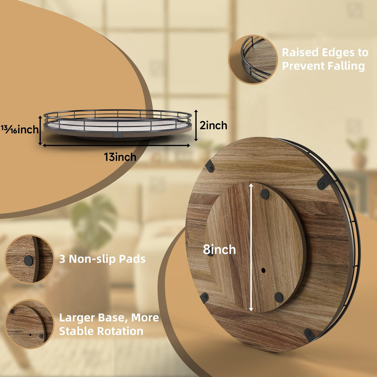 Acacia Wood 13" Lazy Susan Turntable Organizer for Table Top, Farmhouse Round Wooden Lazy Susan for Cabinet Kitchen Centerpieces Coffee Table, for Condiments Spices, Bathroom Vanity Tray Decor HGF