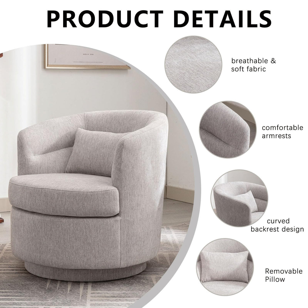 CANMOV Swivel Accent Chair Set of 2, 360 Degree Round Swivel Barrel Chair with Pillow, Upholstered Comfy Barrel Armchair Single Club Sofa Chair for Living Room,Bedroom, Reading Room, (Grey*2) CANMOV