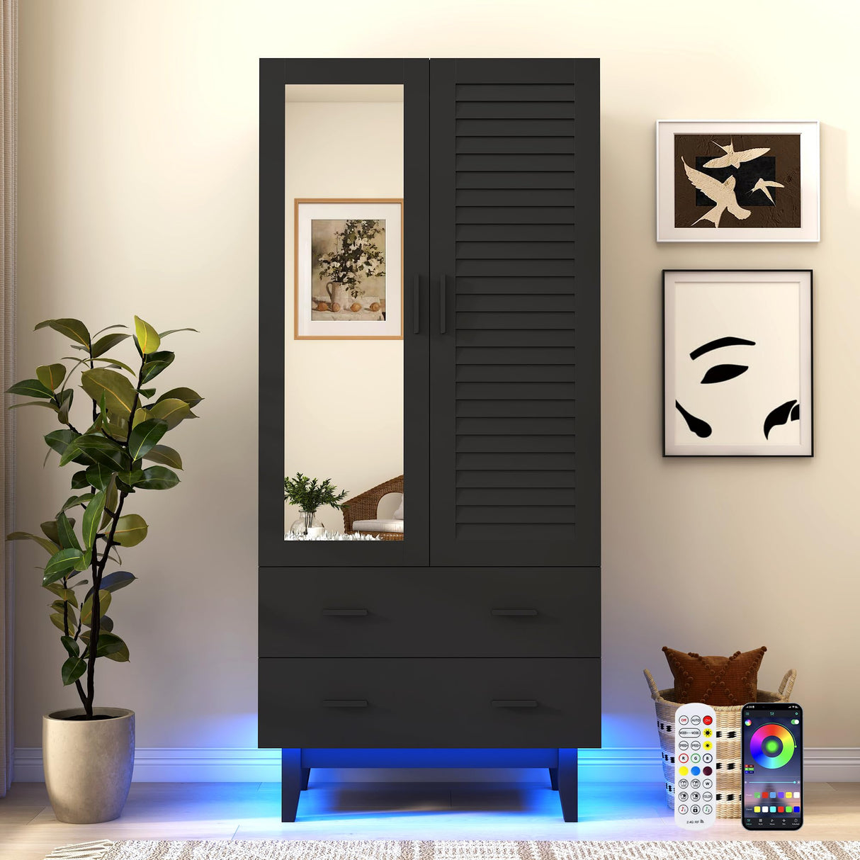jiteentarou 2 Door Armoire Wardrobe Closet Cabinet with Drawers and LED Lights, Multi-Tier Shelves, Hanging Rod & 2 Louver Doors, Large Capacity Storage Wardrobe Armoire for Bedroom(2 Doors Black) jiteentarou