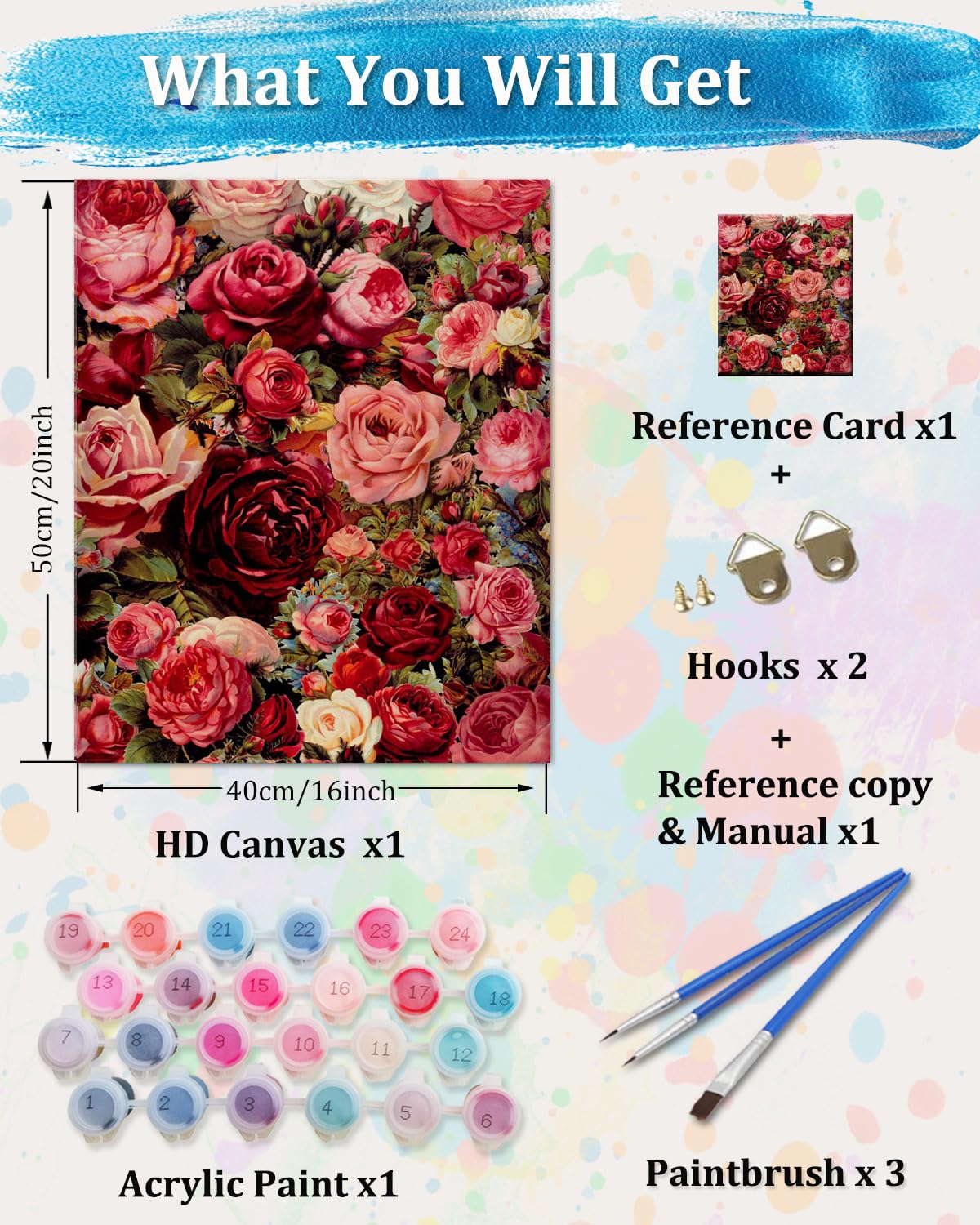 TOCARE Flowers Paint by Numbers Kit for Adults Red Rose Adult Paint by Number Canvas,Adult's Paint-by-Number Kits Love Rose 20x16Inch TOCARE