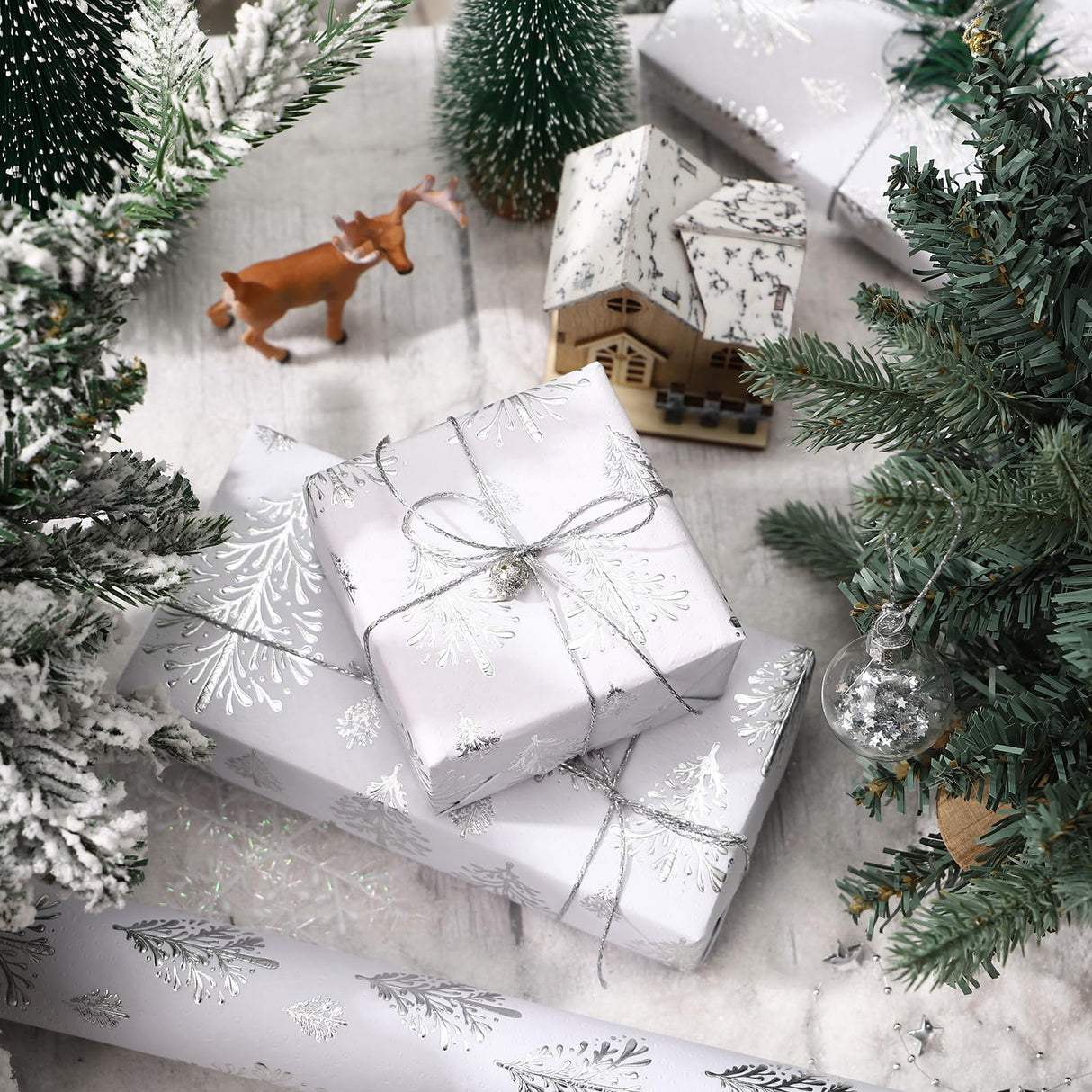 WRAPAHOLIC 3D Kraft Christmas Wrapping Paper Roll - Mini Roll - 17 Inch x 16.5 Feet - Silver and White Christmas Tree Wrapping Paper with Embossed Perfect for Holiday, Party Celebration WRAPAHOLIC