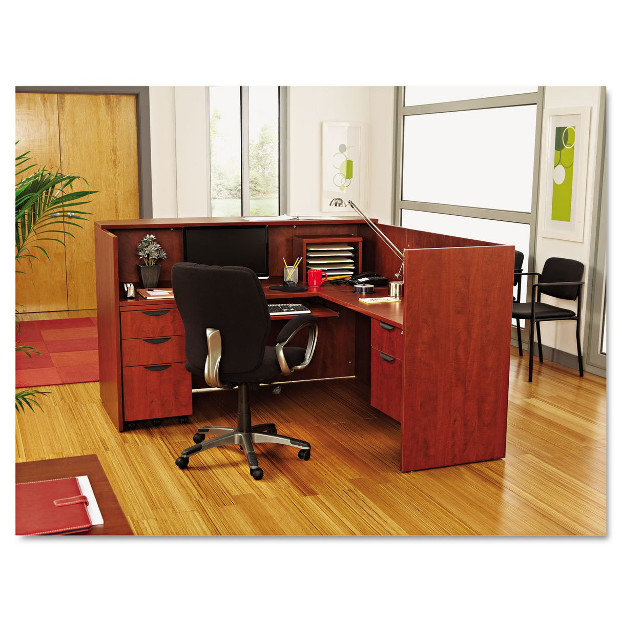 Alera ALE Valencia Series Reception Desk w/Counter, 71w x 35 1/2d x 42 1/2h, Cherry Alera