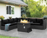 NICESOUL 7 Piece Outdoor Furniture Set with Fire Pit Table Natural Gas & Propane Convertible, 29.3'' High Back Extra Large Rattan Patio Modular Sectional Conversations, 2 Color Cushion Black & Gray NICESOUL