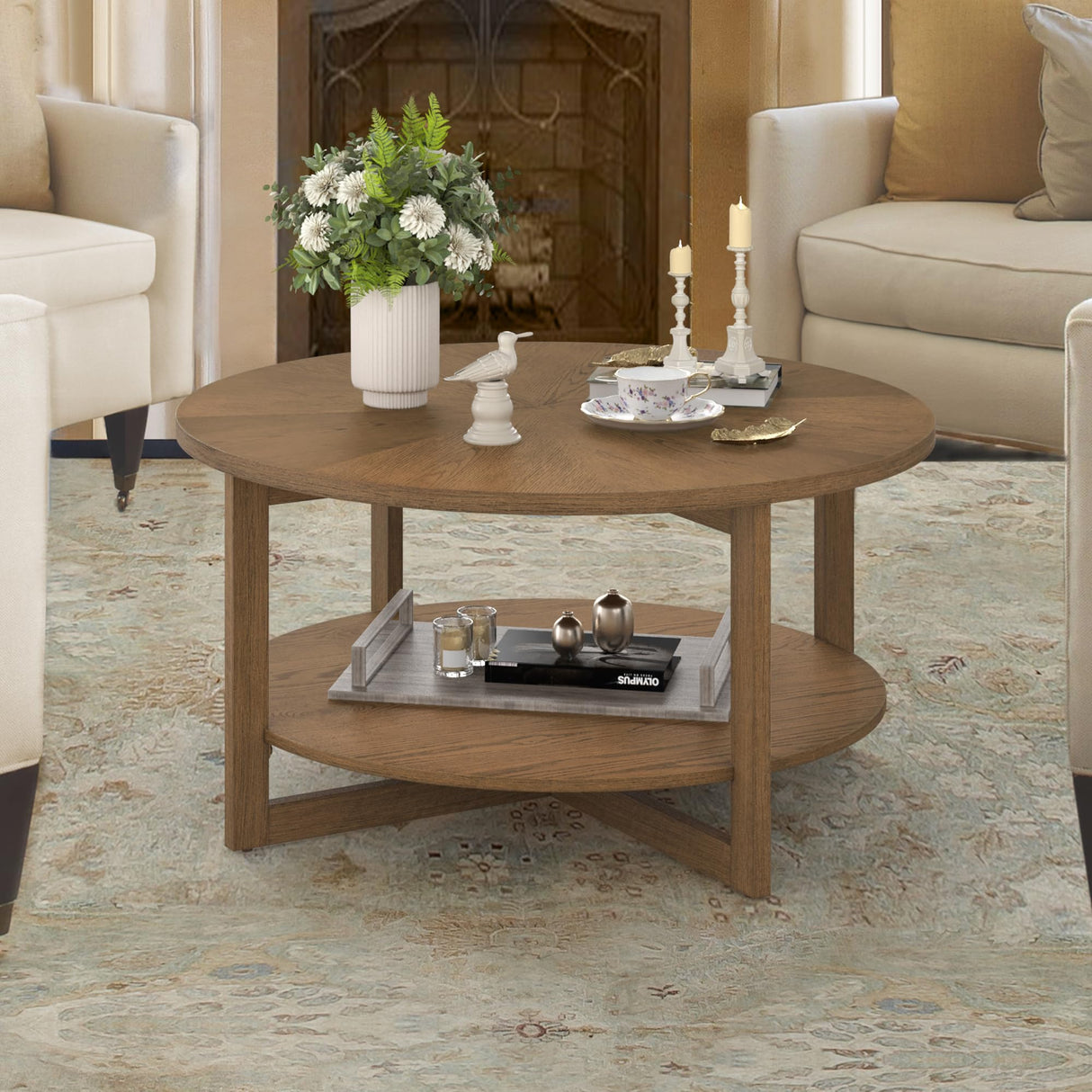 Cozyman Round Coffee Table, 35" Rustic Modern Circle Coffee Tables with 2-Tier Storage Shelf, Sofa Table, Cocktail Table for Living Room, Dark Wood Cozyman