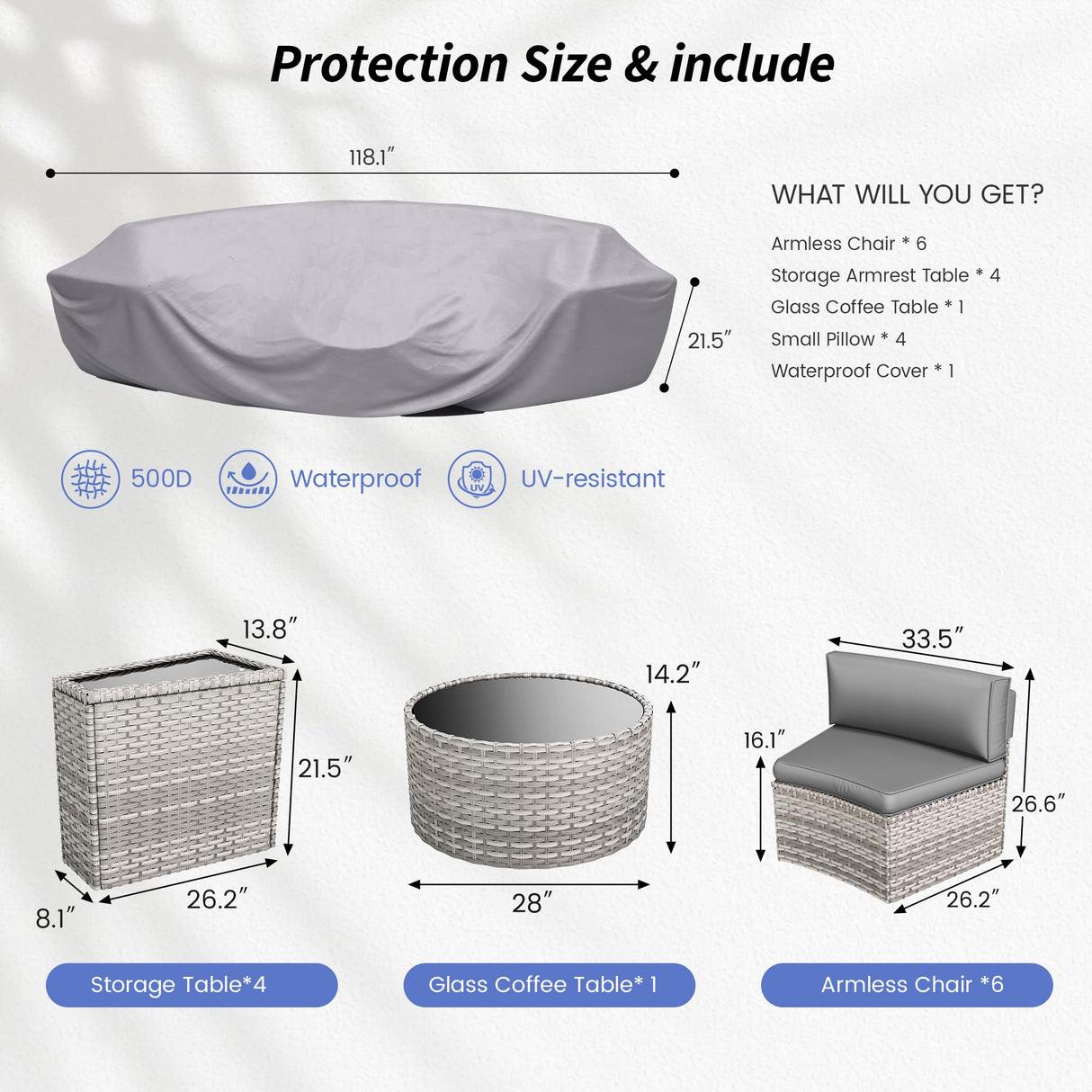 VONZOY Patio Sectional Furniture Outdoor 11-Piece Grey Rattan Curved Sofa Set with Storage Table,Pillows,Fit for Pool Backyard Balcony Porch Lawn (Grey) VONZOY