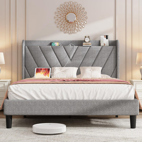 Koorlian Adjustable Linen Upholstered Queen Bed Frame with USB Ports & Wingback Storage Headboard koorlian