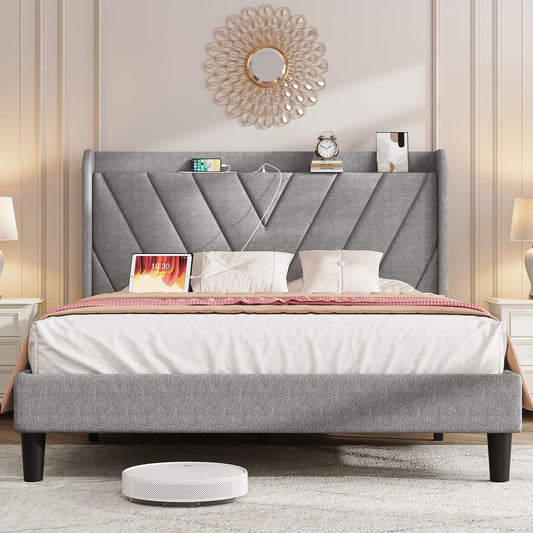 Koorlian Adjustable Linen Upholstered Queen Bed Frame with USB Ports & Wingback Storage Headboard - WoodArtSupply