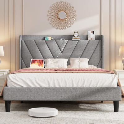 Koorlian Adjustable Linen Upholstered Queen Bed Frame with USB Ports & Wingback Storage Headboard