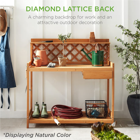 Best Choice Products Outdoor Garden Potting Bench, Wooden Workstation Table w/Cabinet Drawer, Open Shelf, Lower Storage, Lattice Back - Gray Best Choice Products