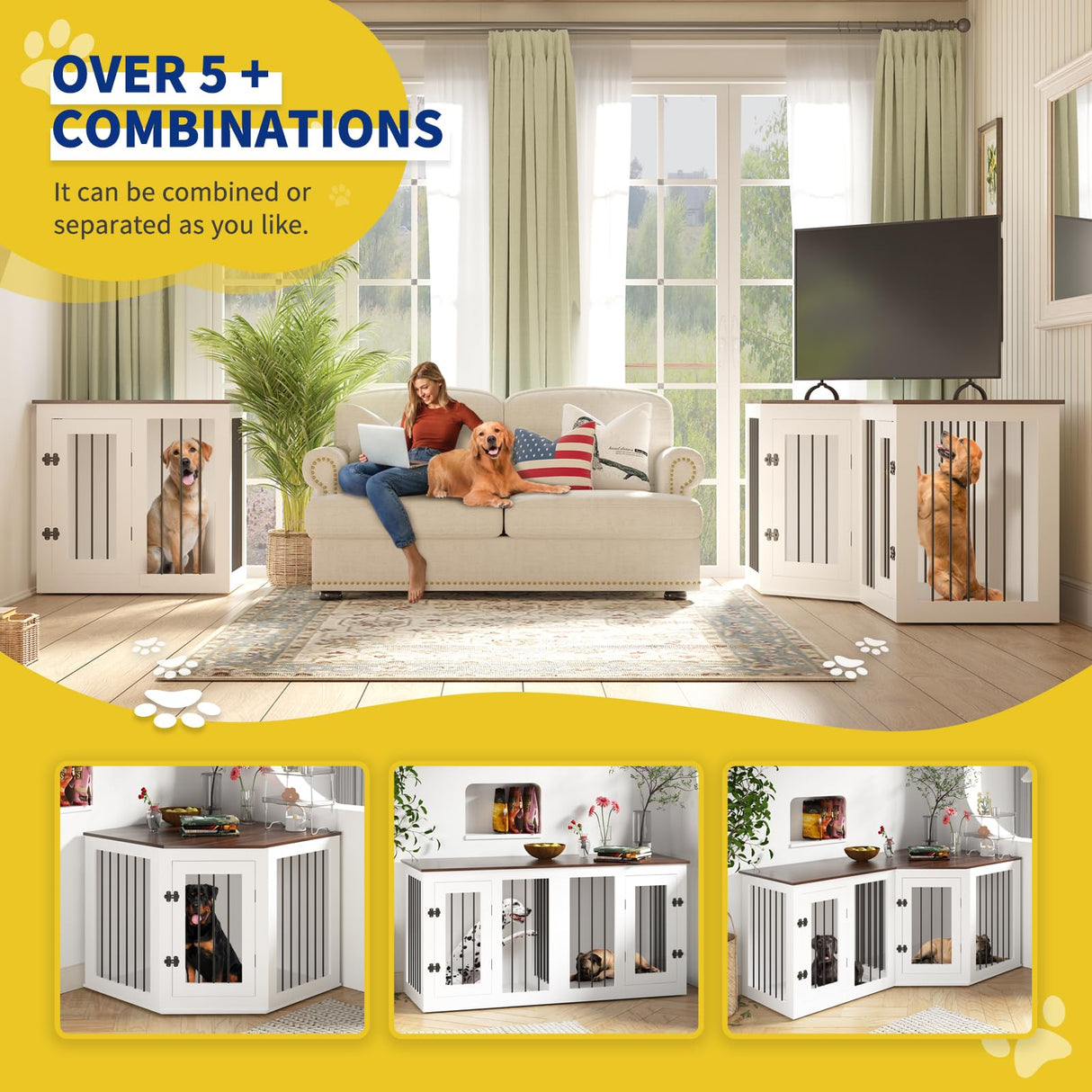 Large Dog Crate Furniture for 3 Dogs, 113'' Corner Dog Crate with Divider, 3 in 1 Heavy Duty Indoor Wooden Dog Kennel Furniture for Small Medium Large Dogs, White DEYGIA