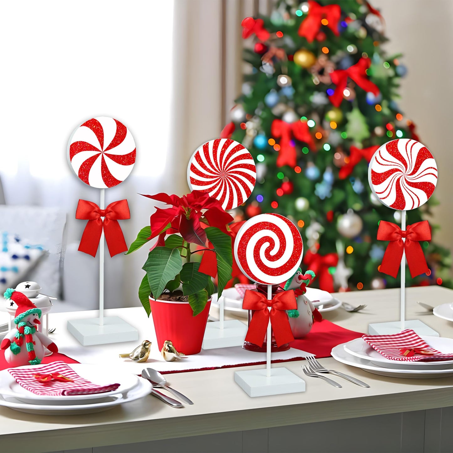 Christmas Wood Tabletop Decor Candy Standing Wooden Table Sign Red Christmas Tiered Tray Decor Rustic Christmas Candy Centerpieces for Xmas Holiday Party Home Kitchen Decor, 4 Pcs