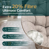 Bme 40" Ergonomic Wicker Papasan Chair with Soft Thick Density Fabric Cushion, High Capacity Steel Frame, 360 Degree Swivel for Living, Bedroom, Reading Room, Lounge, Silver Cloud - Brown Base Bme