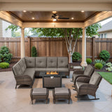 Belord 8 Pieces Patio Conversation Set with 43” Propane Fire Pit Table, Outdoor Sectional Furniture Sofa Set with Removable Gray Cushions for Patio Deck Backyard Brown Belord