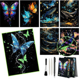 M MUGIT 8 Sheet Scratch Art Noctilucent Rainbow Painting Paper with Pen/Cleaning Brush, Glow in The Dark Engraving Scratchboard(A4) for Kids & Adult, ASMR Sketch Card Relaxing Toy (Butterfly/Dolphin) M MUGIT