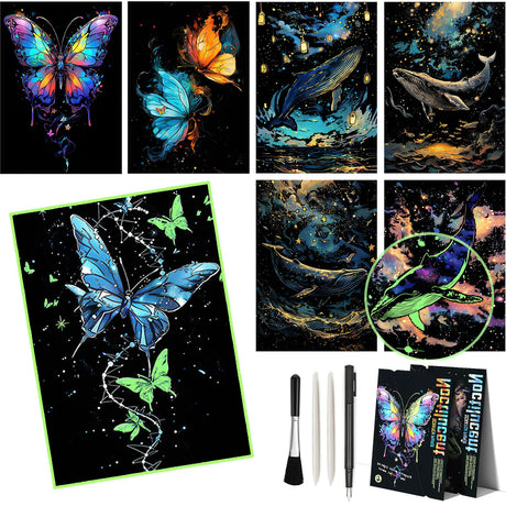 M MUGIT 8 Sheet Scratch Art Noctilucent Rainbow Painting Paper with Pen/Cleaning Brush, Glow in The Dark Engraving Scratchboard(A4) for Kids & Adult, ASMR Sketch Card Relaxing Toy (Butterfly/Dolphin) M MUGIT