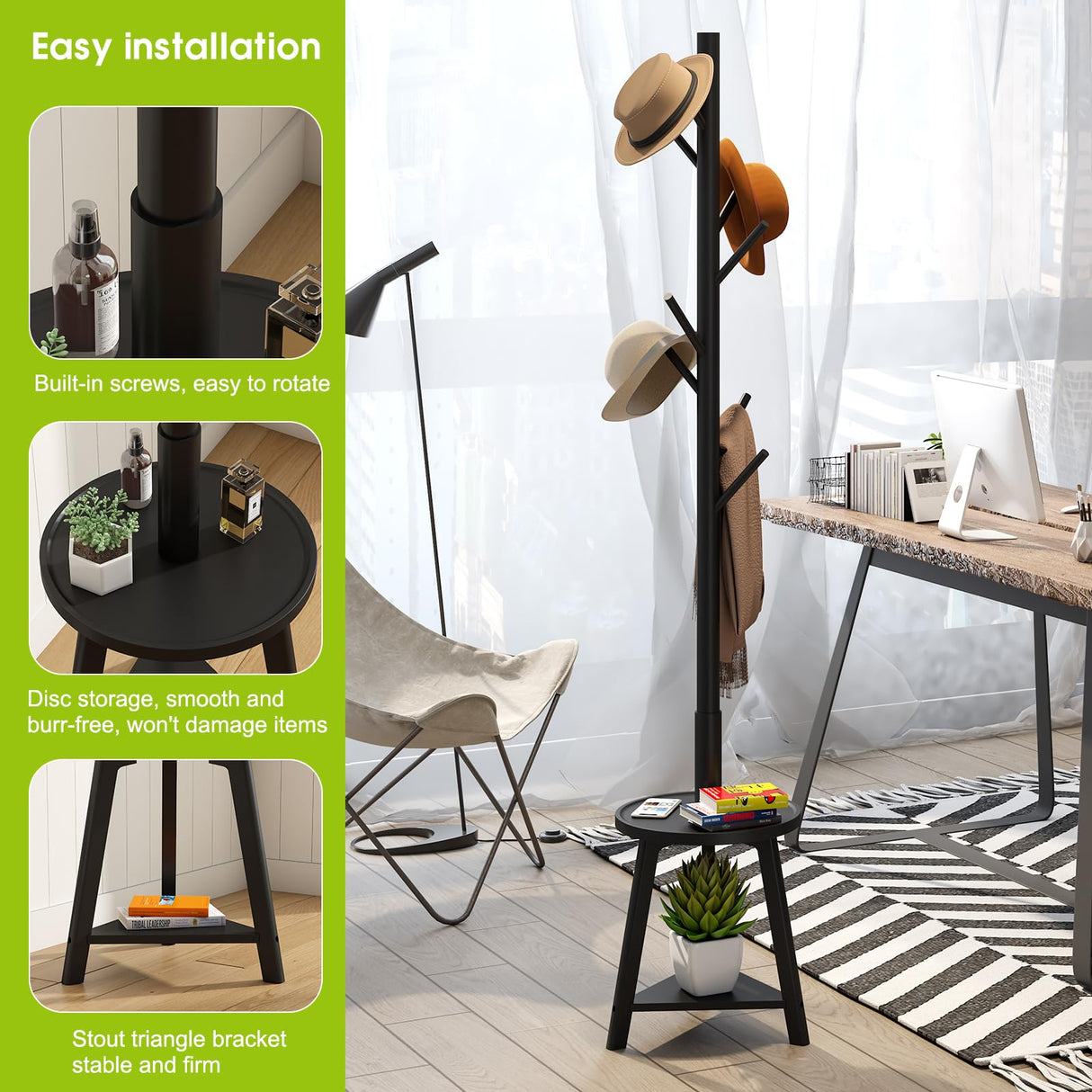 BMOSU Coat Rack freestanding Stand with Shelf Bamboo Wooden Coat Tree Easy Assembly 8 Hooks Standing Jackets Hanger Hallway Office Floor Coat Stand Black BMOSU