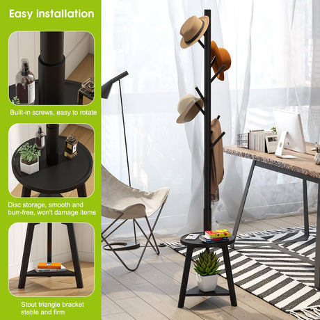 BMOSU Coat Rack freestanding Stand with Shelf Bamboo Wooden Coat Tree Easy Assembly 8 Hooks Standing Jackets Hanger Hallway Office Floor Coat Stand Black BMOSU