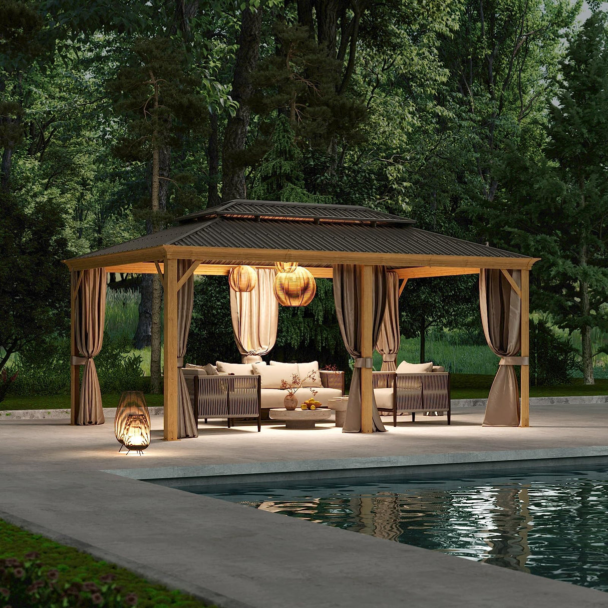 12x18ft Hardtop Gazebo, Wooden Finish Coated Aluminum Frame Canopy with Galvanized Steel Double Roof, Outdoor Permanent Metal Pavilion with Curtains & Netting for Garden, Brown (Wooden 12x18 Ft) TRUSTERTHEE