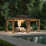 12x18ft Hardtop Gazebo, Wooden Finish Coated Aluminum Frame Canopy with Galvanized Steel Double Roof, Outdoor Permanent Metal Pavilion with Curtains & Netting for Garden, Brown (Wooden 12x18 Ft) TRUSTERTHEE