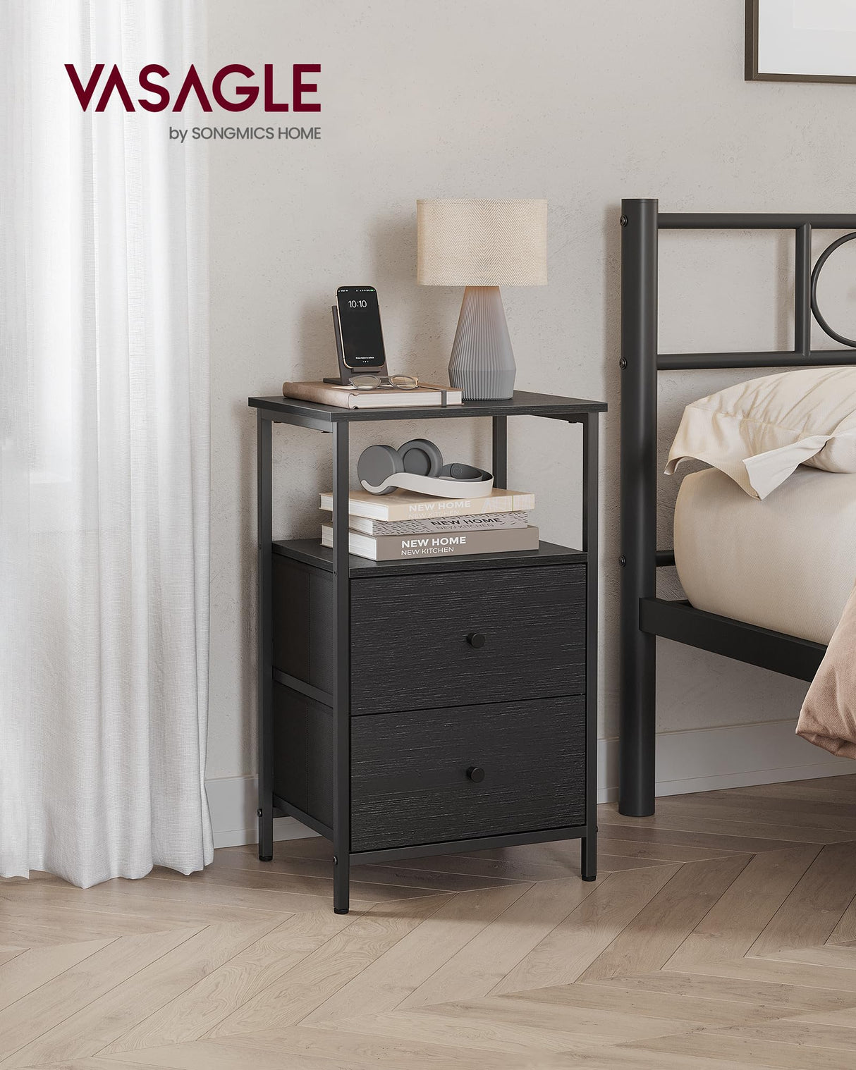 VASAGLE Nightstand, Side Table with 2 Fabric Drawers, 24-Inch Tall End Table with Storage Shelf, Bedroom, Ash Black and Black ULGS025B21 VASAGLE