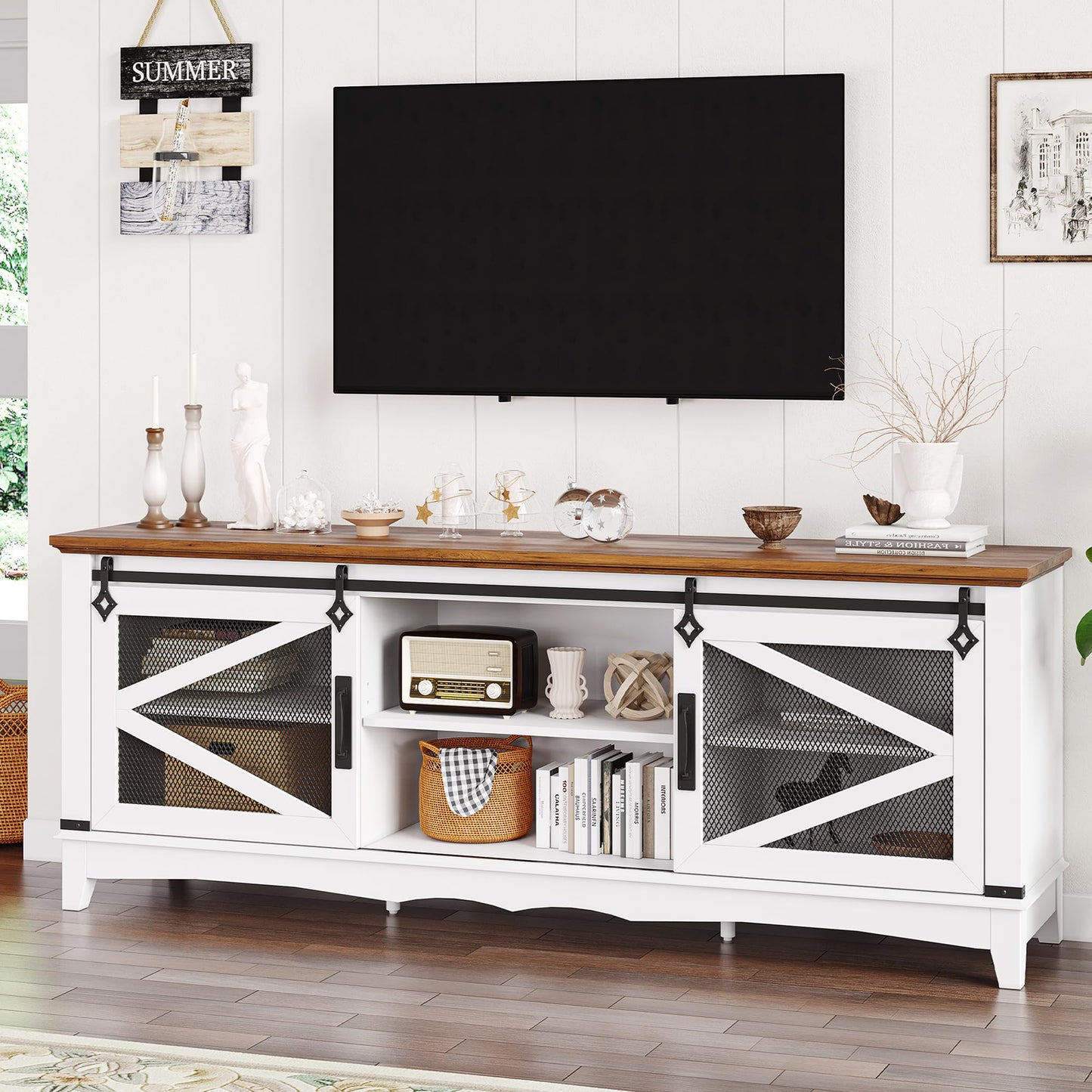 IDEALHSOUE Farmhouse TV Stand 75 Inch Entertainment Center White TV Console Modern Media Furniture Wood TV Console Cabinet with Sliding Barn Door and Adjustable Shelf for Living Room Bedroom