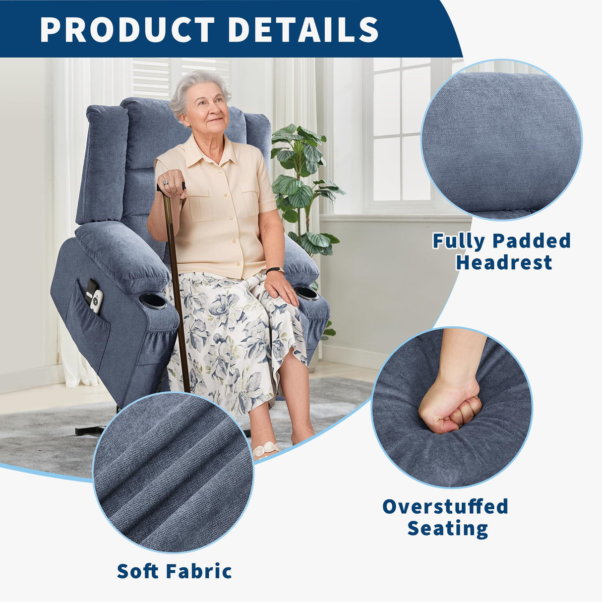 Large Power Lift Recliner Chair for Elderly Overstuffed Wide Electric Lift Chair with Heat and Massage for Big and Tall Adults Reclining Sofa Chair with 2 Cup Holders, Side Pocket, USB Port, Blue WARMTOBABY