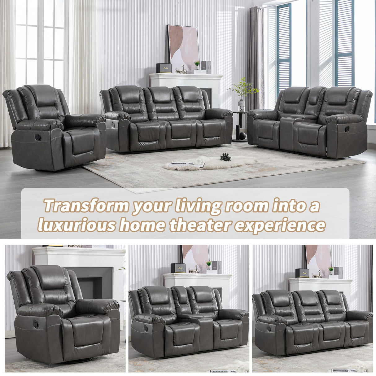3 Seater Home Theater Recliner Manual Recliner Chair with Two Built in Cup Holders for Living Room,Bedroom, Grey Generic