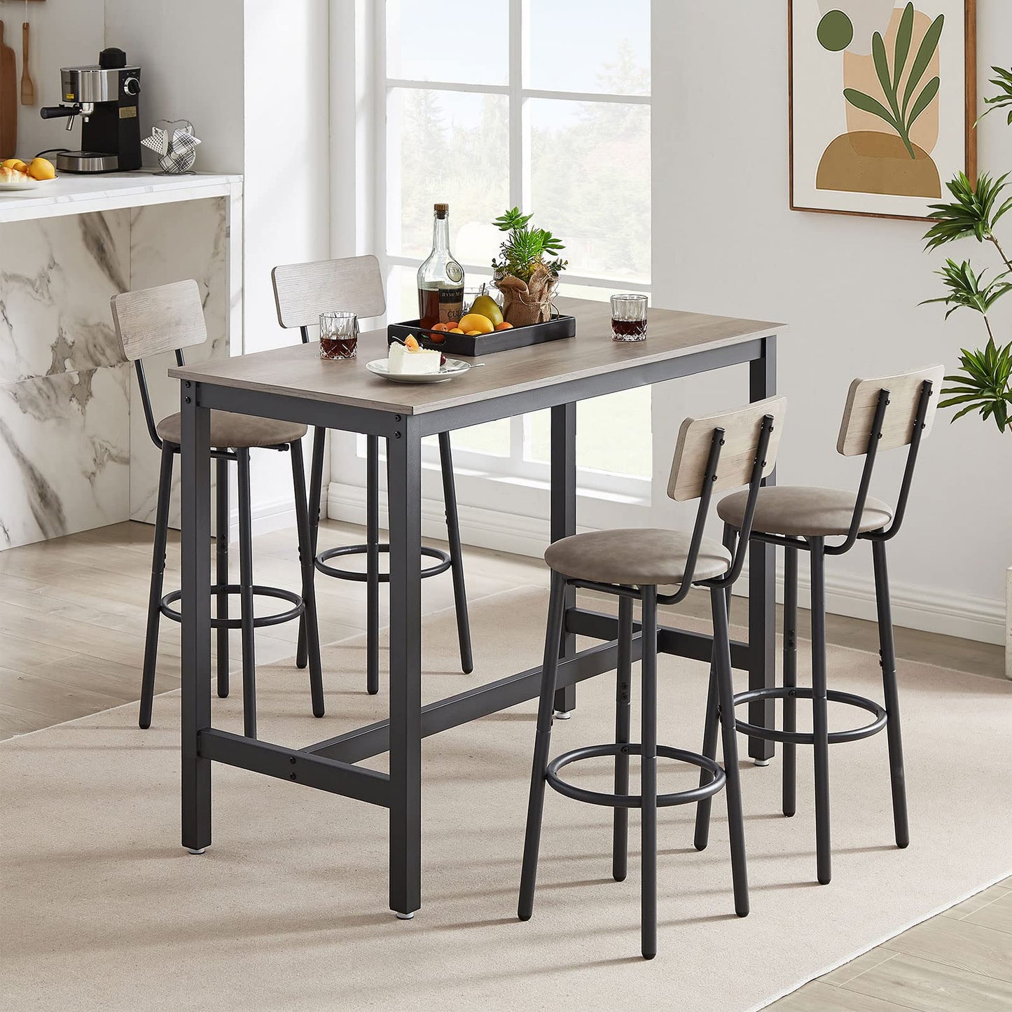 Industrial Grey Bar Table Set with 4 PU Backrest Stools – 5-Piece Counter Height Dining Ensemble