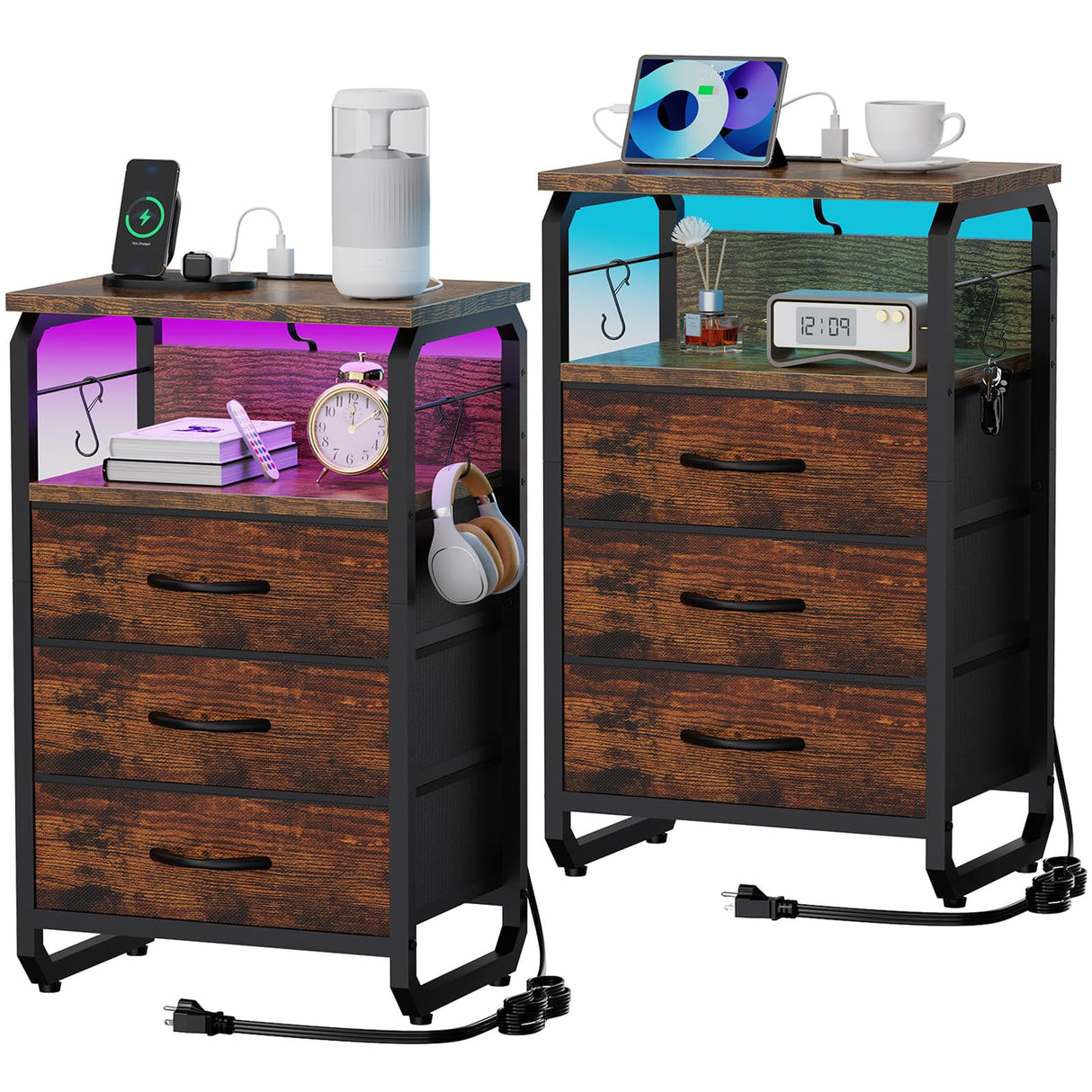 runjuly Tall Nightstand Set of 2 with Charging Station, Bed Side Tables Bedroom Set of 2, LED Night Stand Set 2, Bedside Table with Drawers, Night End Table with Storage for Bedroom, Dorm Rustic Brown runjuly
